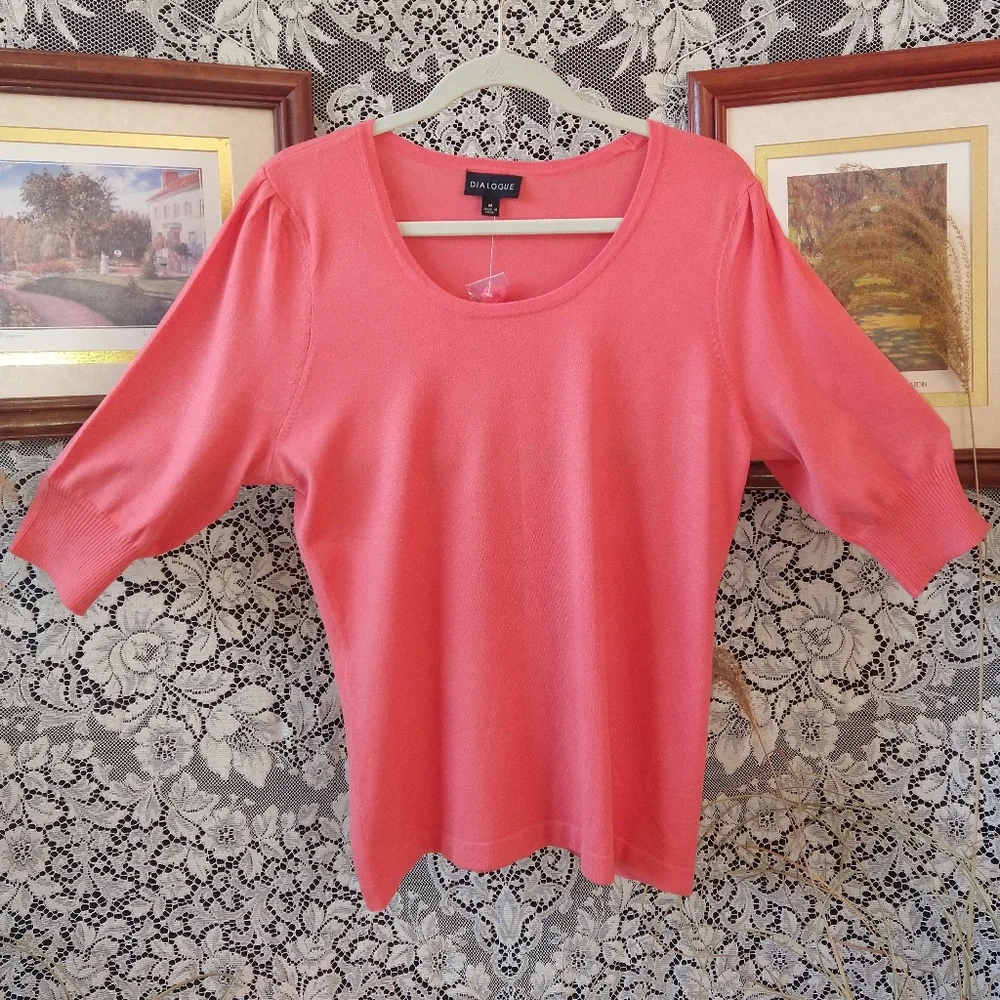 Dialogue pink orange melon blouse crew neck loose fitting 3/4 sleeve NWT - Picture 1 of 6